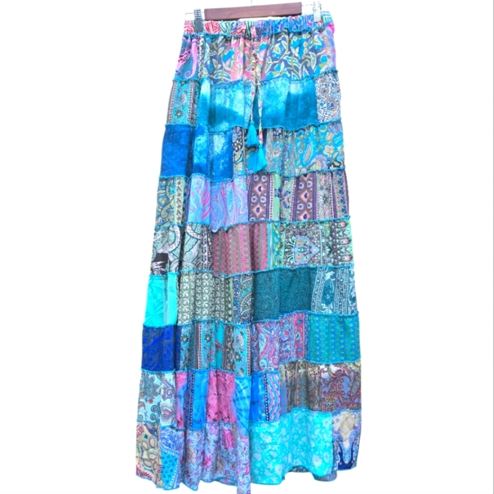 NWT Boutique 100% Silk Hippie Boho Patchwork Maxi Tiered Skirt
